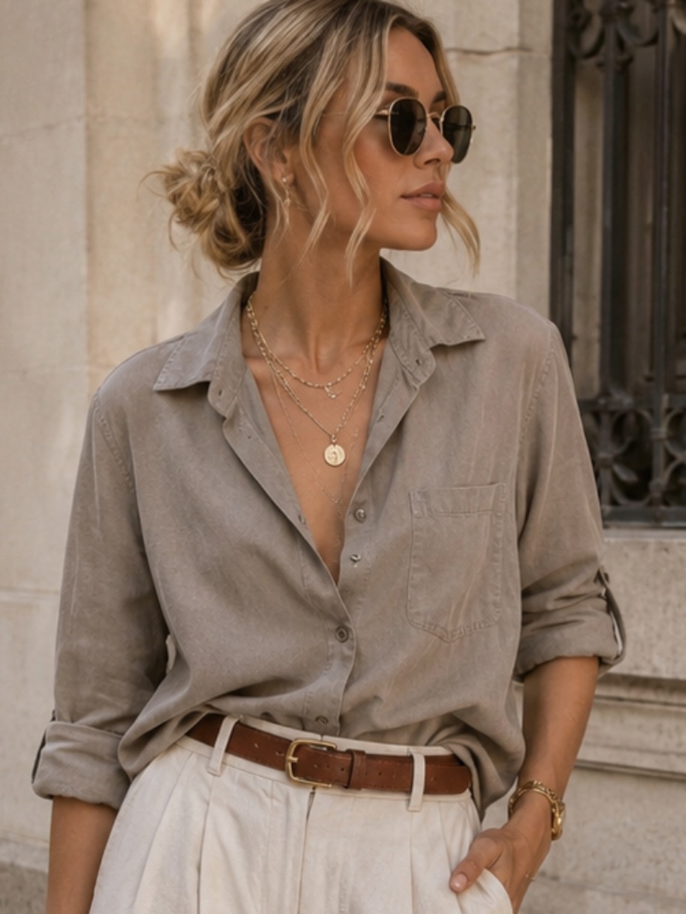 Supply Taupe Utility Button Up Shirt Small Roll Tab Sleeve Safari Casual Oversiz